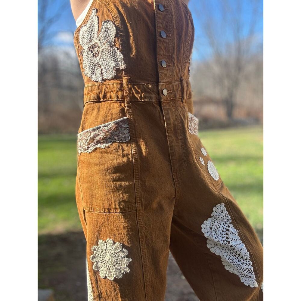 Up-cycles by Ckay | Hand Sewn Lace & Crochet Patchwork Flare Overalls - Picture 2 of 8
